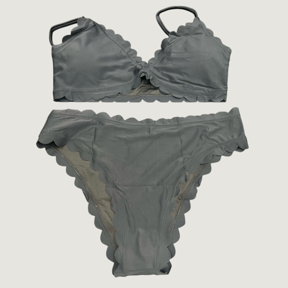 Scalloped Two Piece Bikini Set Charcoal Gray‎ V-Neck Adjustable Straps High Leg